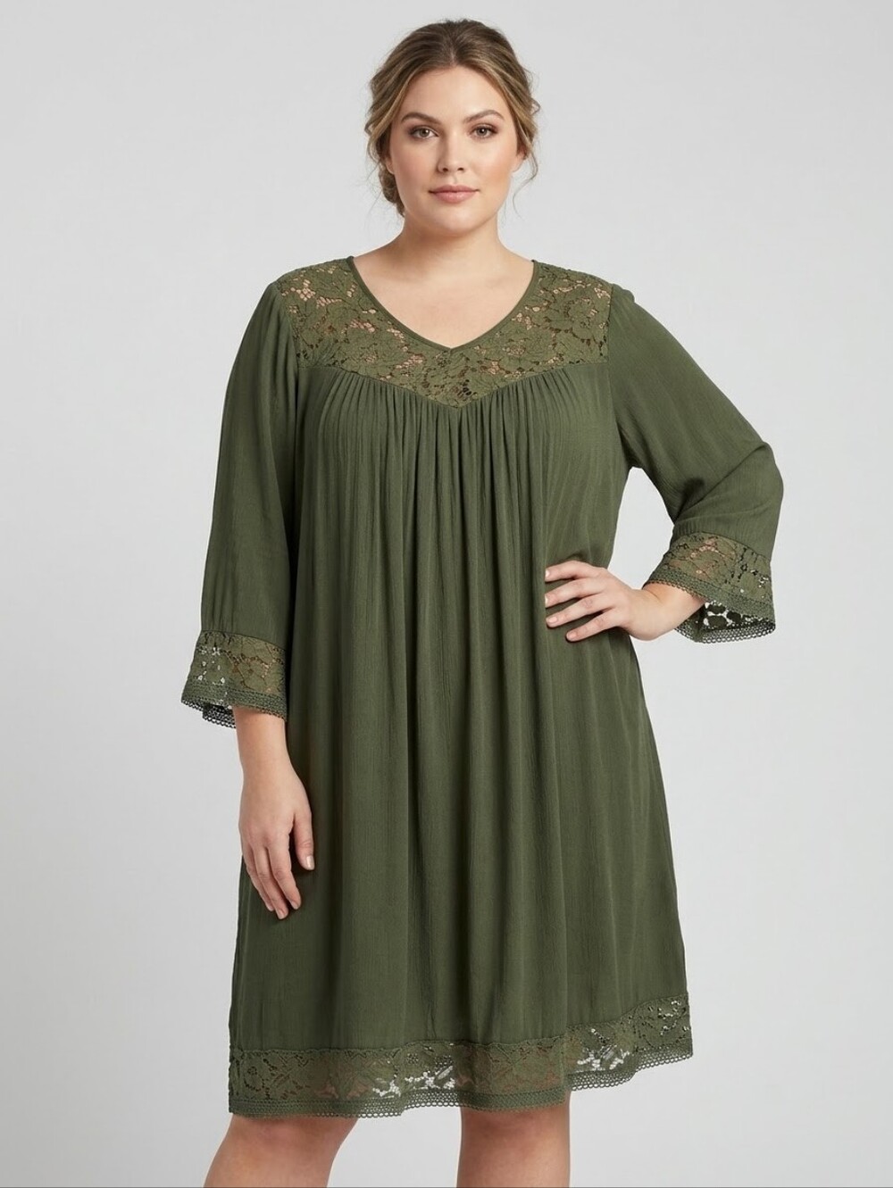 Sharagano Olive Green Floral Lace Yoke Flowy Boho Tunic Dress Plus Size 3X